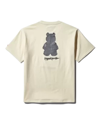 T-SHIRT MIT KURZARM UND GRAFISCHEM MONEY BEAR-MODUS (APRIKOSENFARBE)